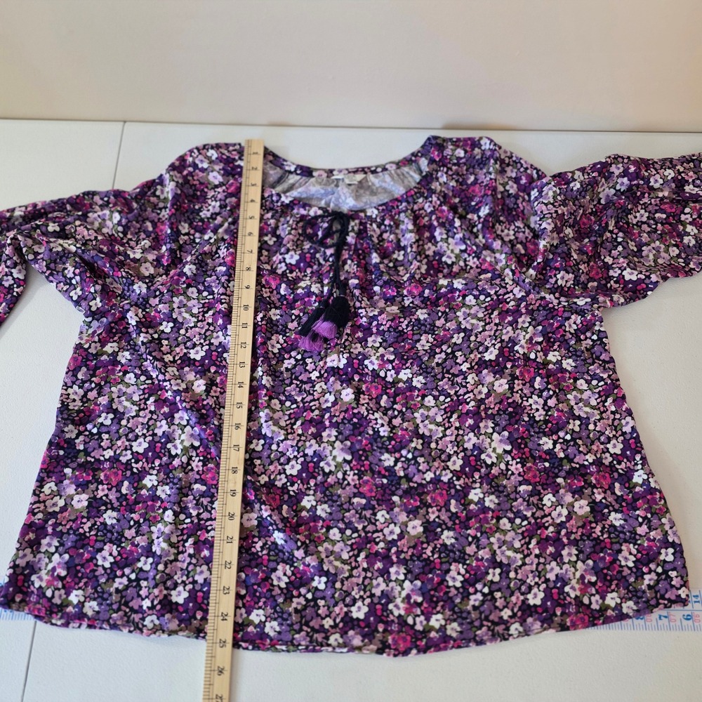 Crown & Ivy Peasant Top Women 2X Purple Floral Long Sleeve Tassel Boho Blouse - Picture 8 of 11